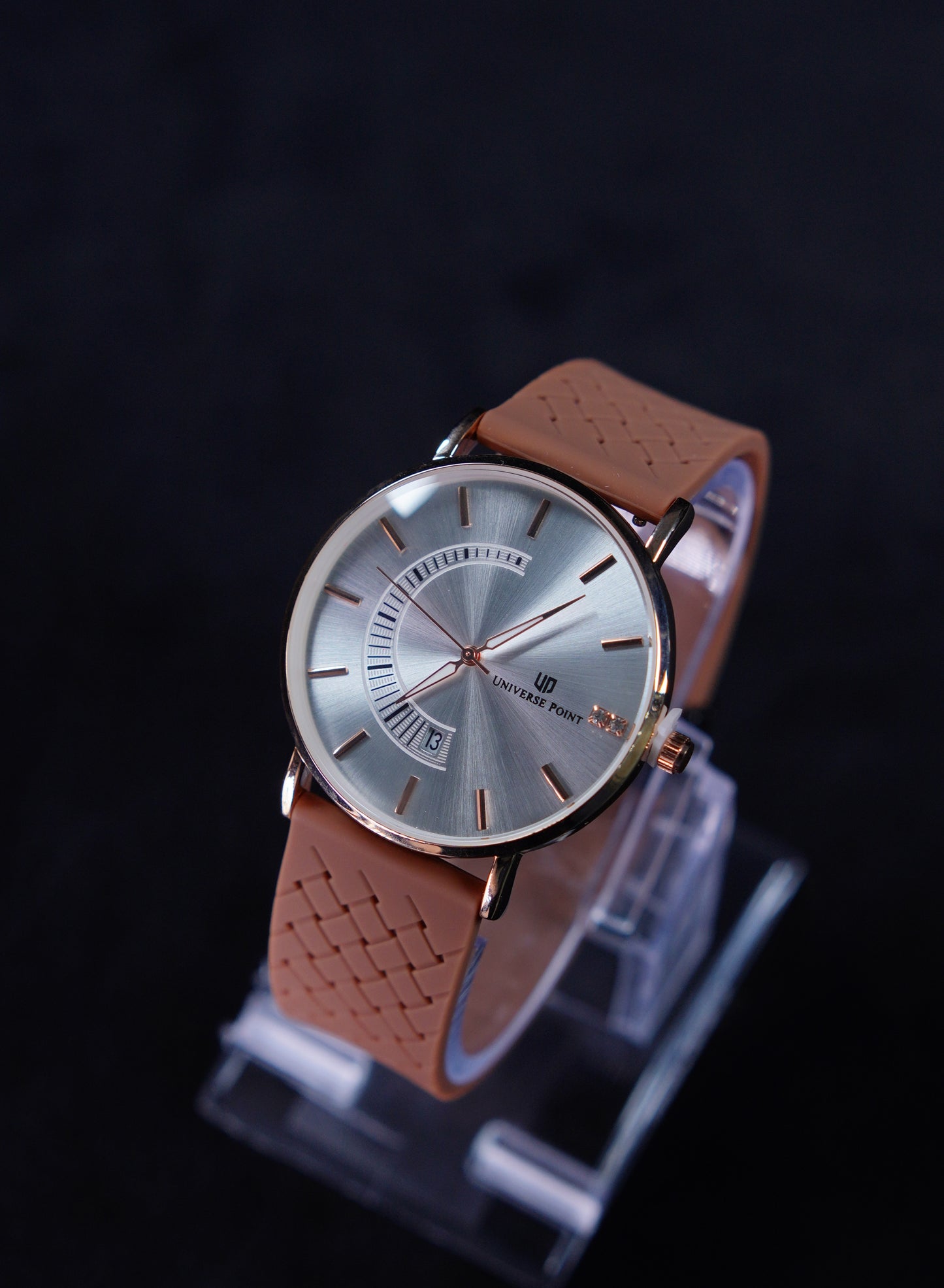 Universe Point Silicon Strap Magnetic Buckel Watch-Grey Dial With Light Brown Strap